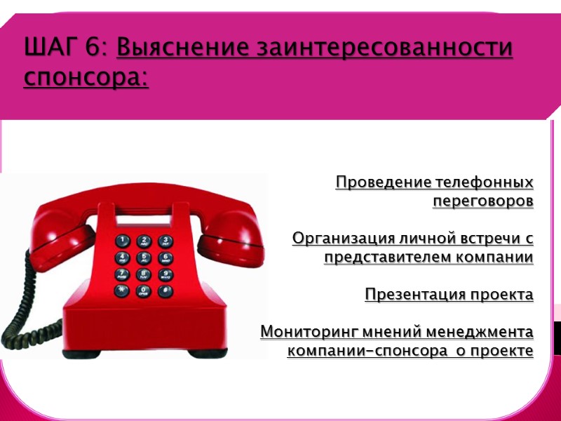 Шаг 1. ШАГ 6: Выяснение заинтересованности спонсора: Проведение телефонных переговоров  Организация личной встречи